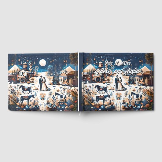 Cowboy & Bruid Blauw Westerne Stijl Bruiloft Gastenboek (Volledig)