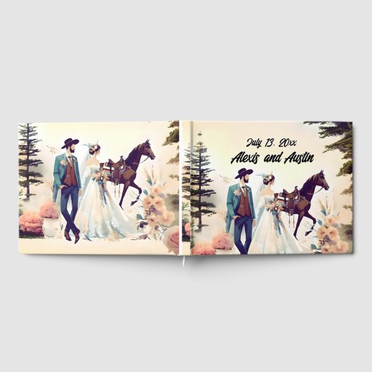 Cowboy, Bruid en Paard Westerne Stijl Bruiloft Gastenboek (Volledig)