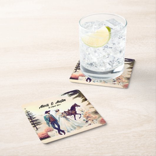 Cowboy, Bruid & Paard Bruiloft Kartonnen Onderzetters (Insitu)