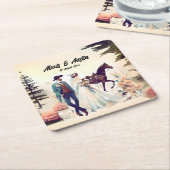 Cowboy, Bruid & Paard Bruiloft Kartonnen Onderzetters (Schuin)