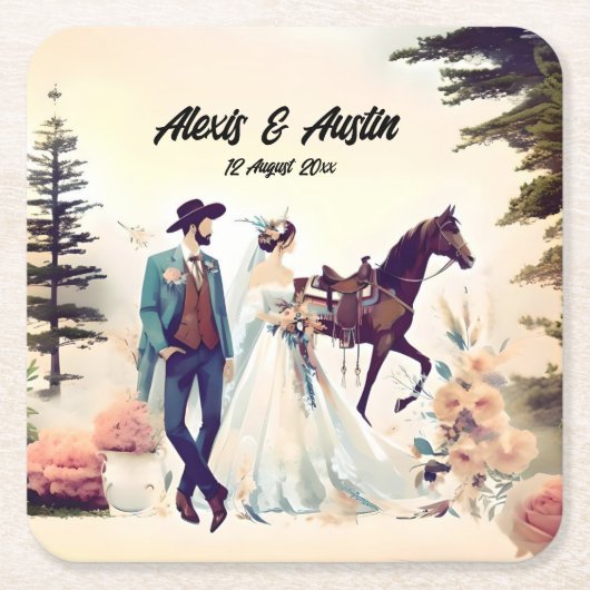 Cowboy, Bruid & Paard Bruiloft Kartonnen Onderzetters (Voorkant)
