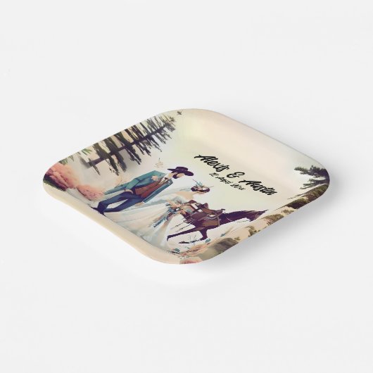 Cowboy, Bruid & Paard Bruiloft Papieren Bordje (Gebogen)