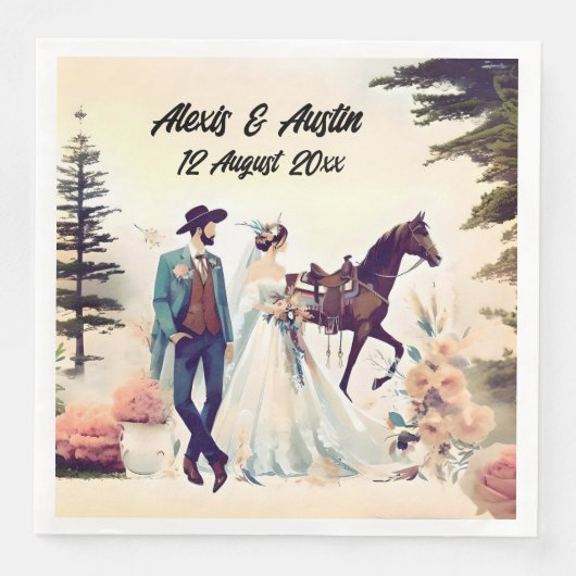 Cowboy, Bruid & Paard Bruiloft Servet (Voorkant)