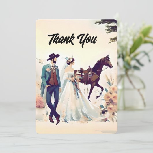 Cowboy, Bruid & Paard Dank je bruiloft Bedankkaart (Staand voorkant)