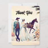 Cowboy, Bruid & Paard Dank je bruiloft Bedankkaart (Voorkant)
