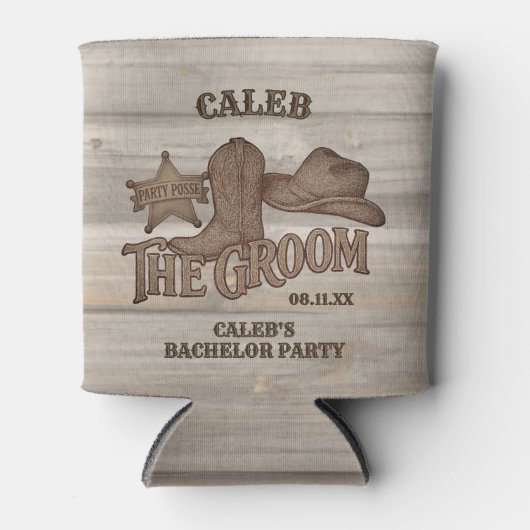 Cowboy Bruidegom Rustieke Houtsnede Fun Bachlorfee Blikjeskoeler (Voorkant)