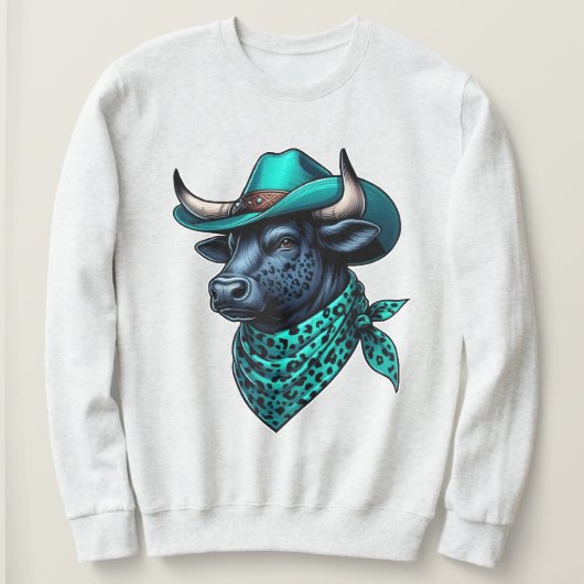 Cowboy Bull met turquoise Pet en gepatenteerde sja Trui (Design voorkant)