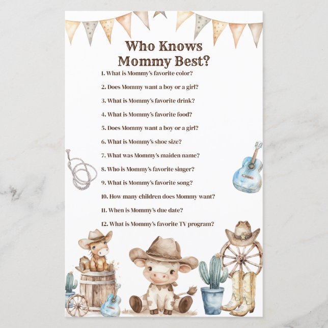 Cowboy Cactus Baby shower Wie kent mama het beste (Voorkant)