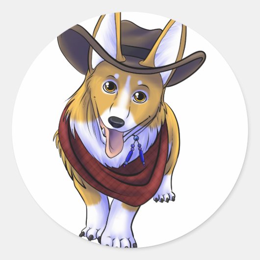 Cowboy Corgi Ronde Sticker (Voorkant)