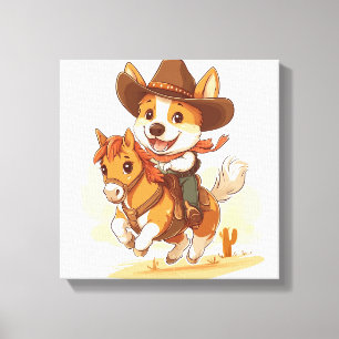 Cowboy Corgi � Westerse Rodeo Hond Canvas Afdruk