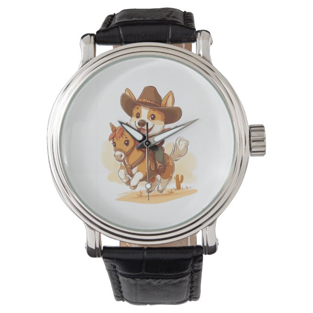 Cowboy Corgi � Westerse Rodeo Hond Horloge (Voorkant)