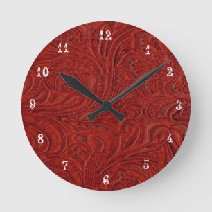 Cowboy Country Red Tooled lether look Clock Ronde Klok