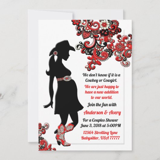 Cowboy Cowgirl Black Red White Couples Baby shower Kaart (Voorkant)