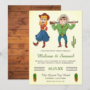Cowboy Cowgirl Cartoon Couple Wedding Invitation Kaart