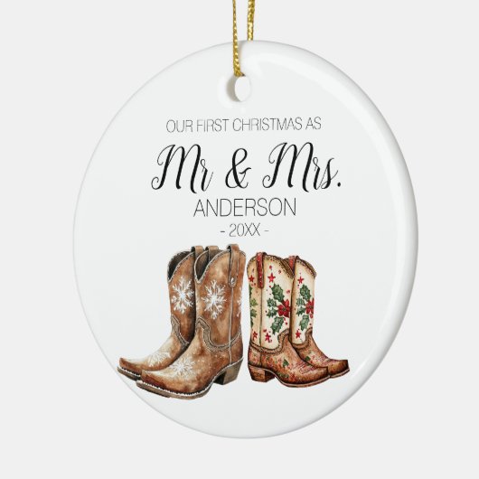 Cowboy Cowgirl laarzen eerste kerst als meneer en  Keramisch Ornament (Links)