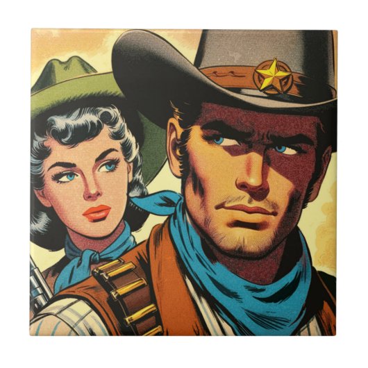 Cowboy/Cowgirl Retro Comics Tegeltje (Voorkant)