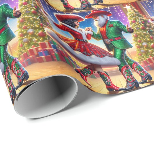 Cowboy Cowgirl Santa Country Dansers Kerstmis Cadeaupapier (Rol Hoek)