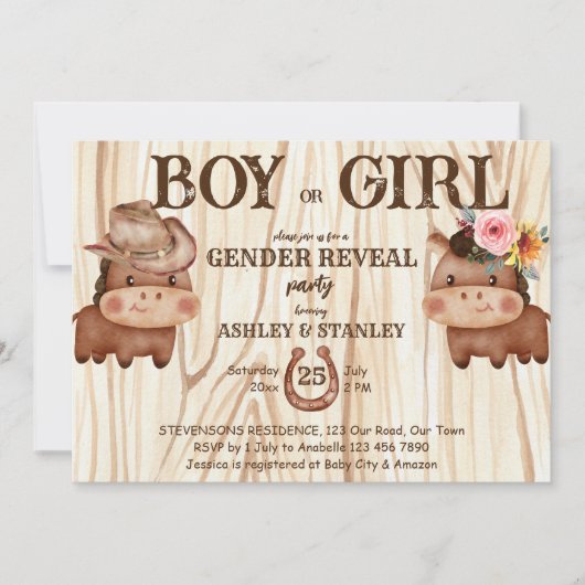 Cowboy cowgirl sekse onthult feest leuk baby paard kaart (Voorkant)