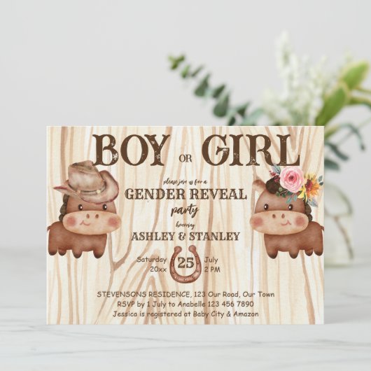 Cowboy cowgirl sekse onthult feest leuk baby paard kaart (Staand voorkant)