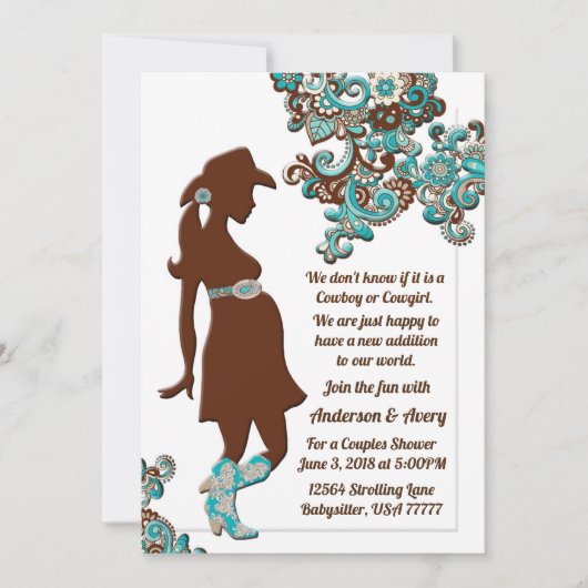 Cowboy Cowgirl Turquoise Brown Couples Baby shower Kaart (Voorkant)