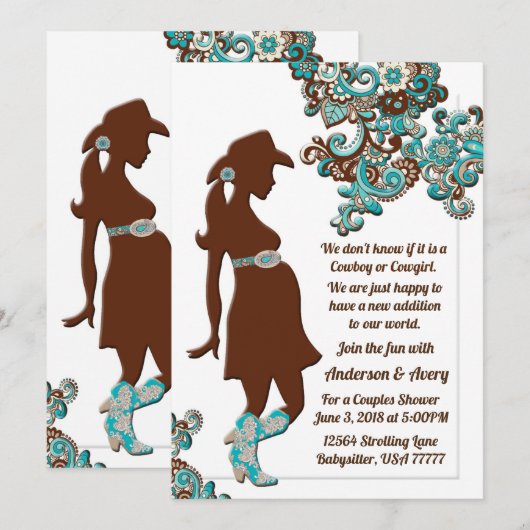 Cowboy Cowgirl Turquoise Brown Couples Baby shower Kaart (Voorkant / Achterkant)