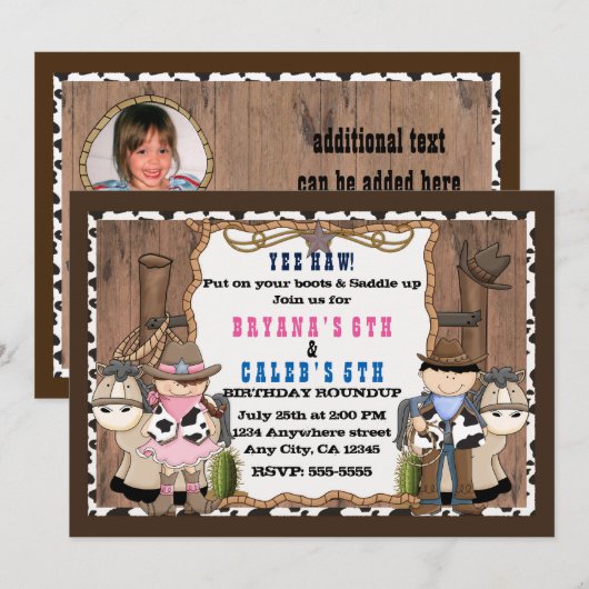 Cowboy & Cowgirl Westerne verjaardagsfeestuitnodig Kaart (Voorkant / Achterkant)
