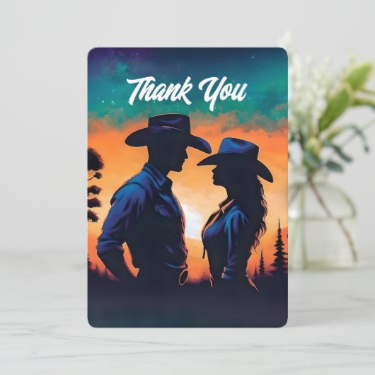 Cowboy & Cowgirl Zonsondergang Bedankkaart (Staand voorkant)
