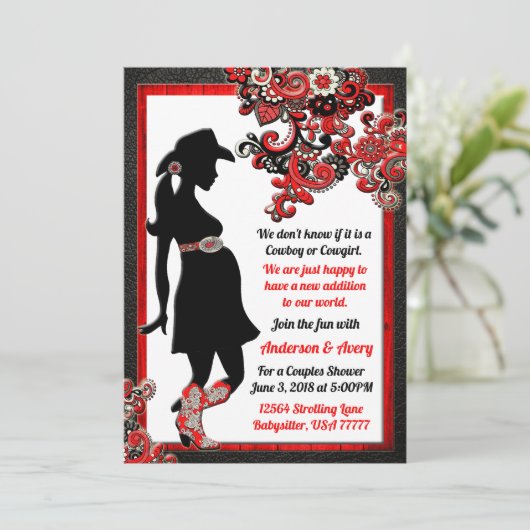 Cowboy Cowgirl Zwart Lederen Rood Wit Paar Kaart (Staand voorkant)