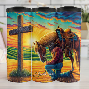 Cowboy die bidt bij paard Kruis Zonsondergang Thermosbeker