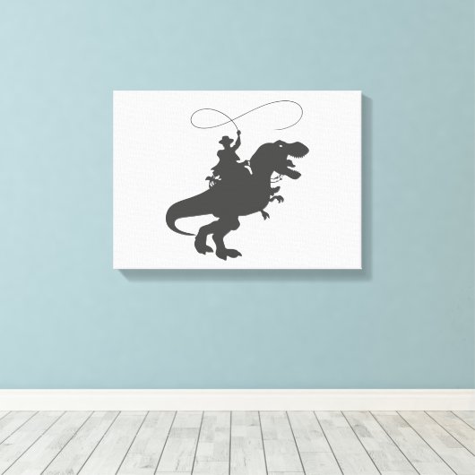 Cowboy die dinosaurus in het prehistorische tijdpe canvas afdruk (Insitu (Houten vloer))