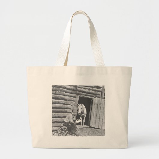 Cowboy die een brief leest met een paard grote tote bag (Voorkant)