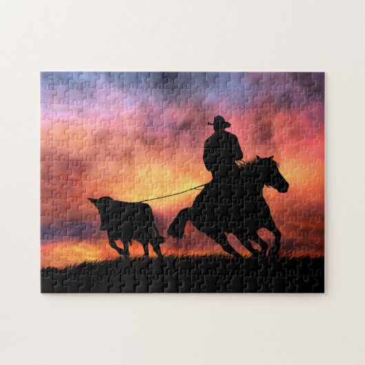 Cowboy die een steiger op een paard zet legpuzzel (Horizontaal)