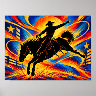 Cowboy die op een paard rijdt bij een rodeo silhou poster
