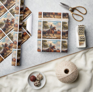 Cowboy die vee hoedt te paard cadeaupapier