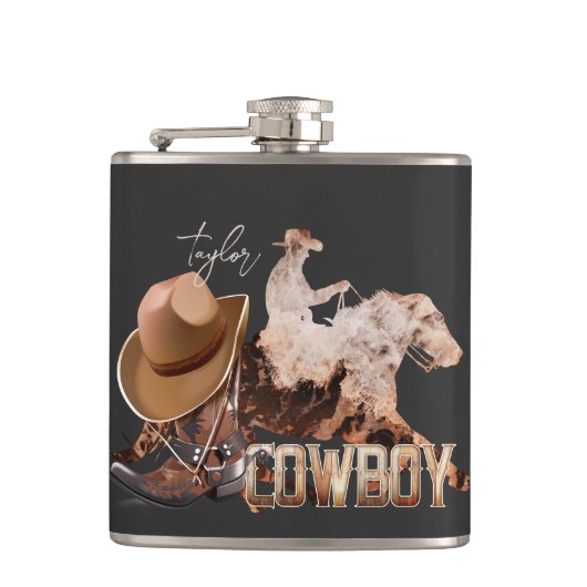 Cowboy die westerne laarzen gebruikt, cowboy pet heupfles (Voorkant)