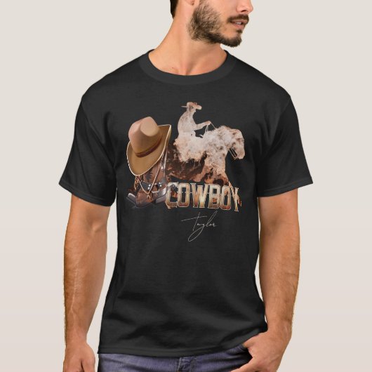 Cowboy die westerne laarzen gebruikt, cowboy pet t-shirt (Voorkant)
