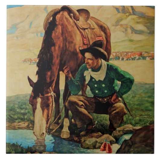 Cowboy die zijn paard bewaakt door NC Wyeth Tegeltje (Voorkant)