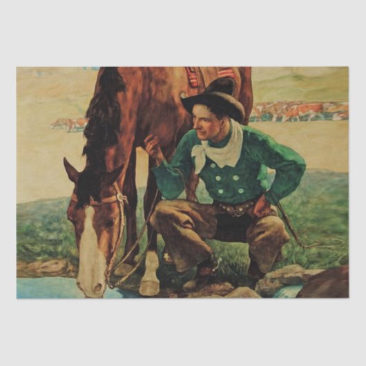 Cowboy die zijn paard bewaakt door NC Wyeth Tissuepapier (Voorkant)