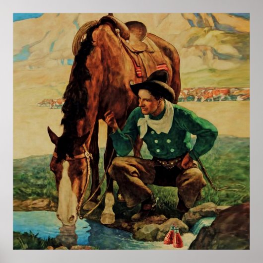 Cowboy die zijn paard water geeft door NC Wyeth Poster (Voorkant)