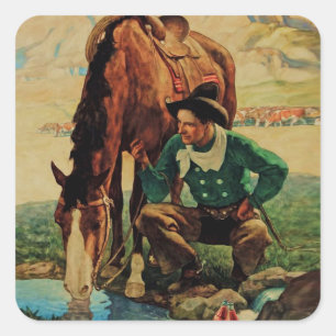 Cowboy die zijn paard water geeft door NC Wyeth Vierkante Sticker