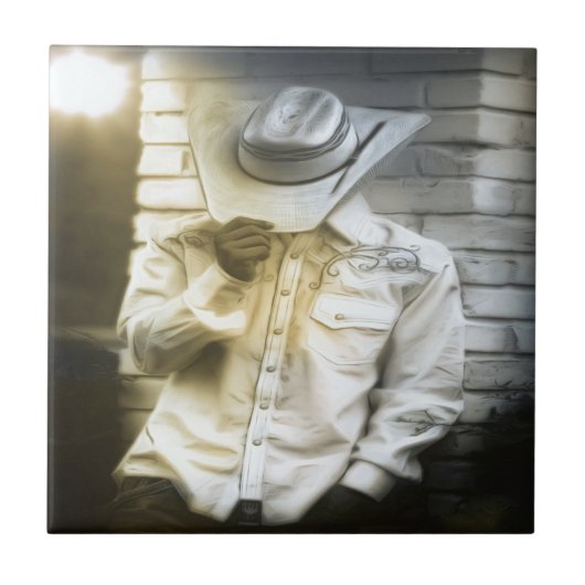 Cowboy die zijn Pet vasthoudt Tegeltje (Voorkant)