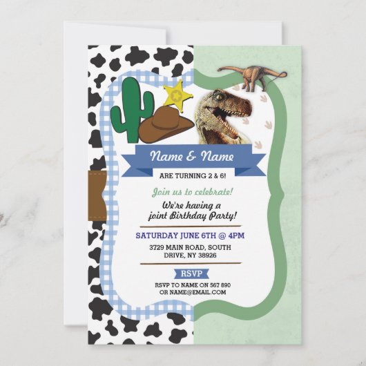 Cowboy & Dinosaur Boys Brothers Birthday Invites Kaart (Voorkant)