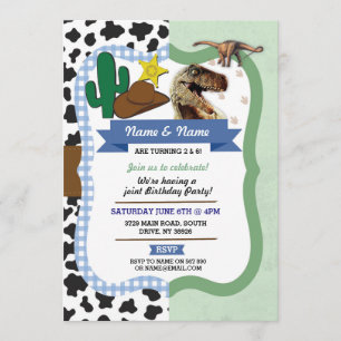 Cowboy & Dinosaur Boys Brothers Birthday Invites Kaart