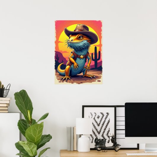 Cowboy Dragon Lizard - Funny Fantasy Poster (Thuiskantoor)