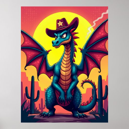 Cowboy Dragon Showdown - Grappige Pop Art Fantasy Poster (Voorkant)