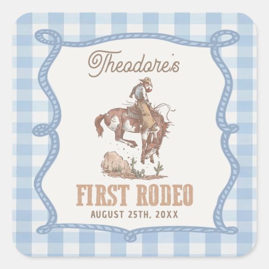 Cowboy Eerste Rodeo Gingham Verjaardag Vierkante Sticker (Voorkant)
