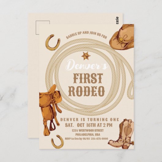 Cowboy Eerste Rodeo Verjaardagsuitnodiging Geslach Briefkaart (Voorkant / Achterkant)