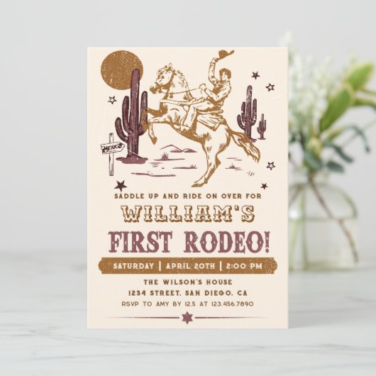 Cowboy Eerste Rodeo Westerne Verjaardagsuitnodigin Kaart (Staand voorkant)