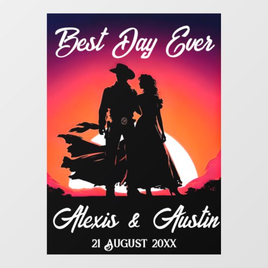 Cowboy en bruid bij Sundown Bruiloft Raamsticker (Vel)