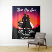 Cowboy en bruid bij Sundown Bruiloft Wandkleed (In situ)